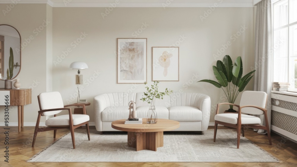 Fototapeta premium Minimalist Living Room Interior Design with White Sofa and Wooden Coffee Table.