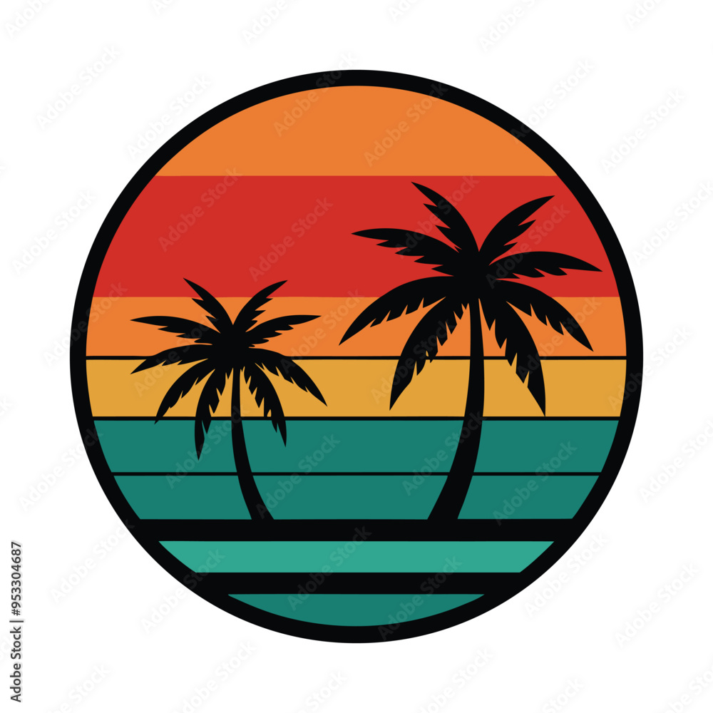 Retro vector illustration of a sunset with palm trees, gradient backdrop Retro vector illustration of a sunset with palm trees, gradient backdrop