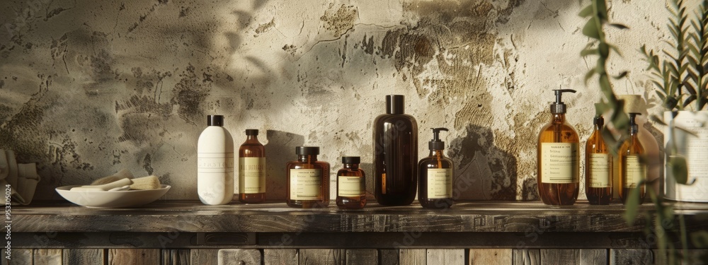 Fototapeta premium Rustic bathroom shelf with vintage skincare bottles