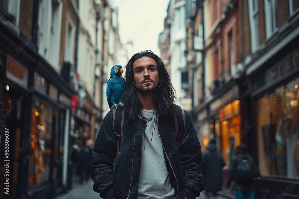 Man with long hair and blue parrot on his shoulder walking in a vibrant urban street, surrounded by shops. Man with long hair and blue parrot on his shoulder walking in a vibrant urban street, surrounded by shops.