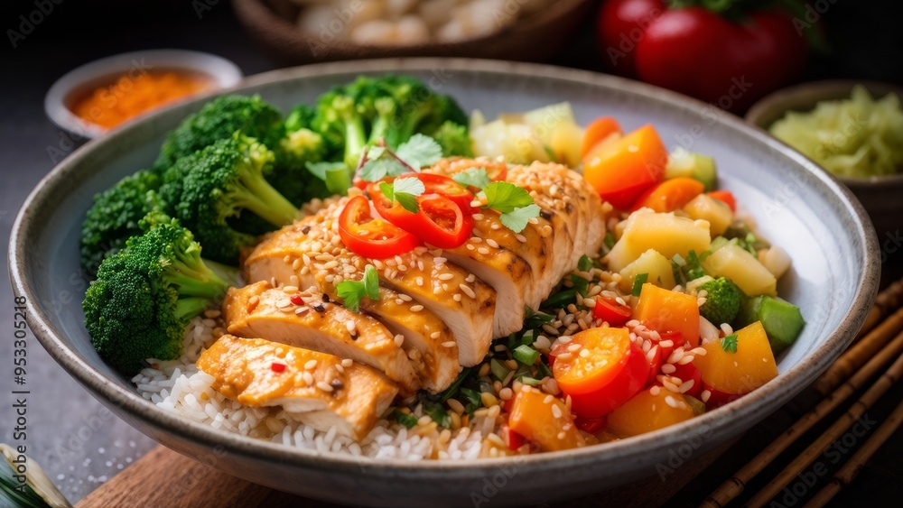 Healthy food: chicken meat, carrots, broccoli, tomatoes, sweet peppers and yellow curry paste with rice. Healthy food: chicken meat, carrots, broccoli, tomatoes, sweet peppers and yellow curry paste with rice.