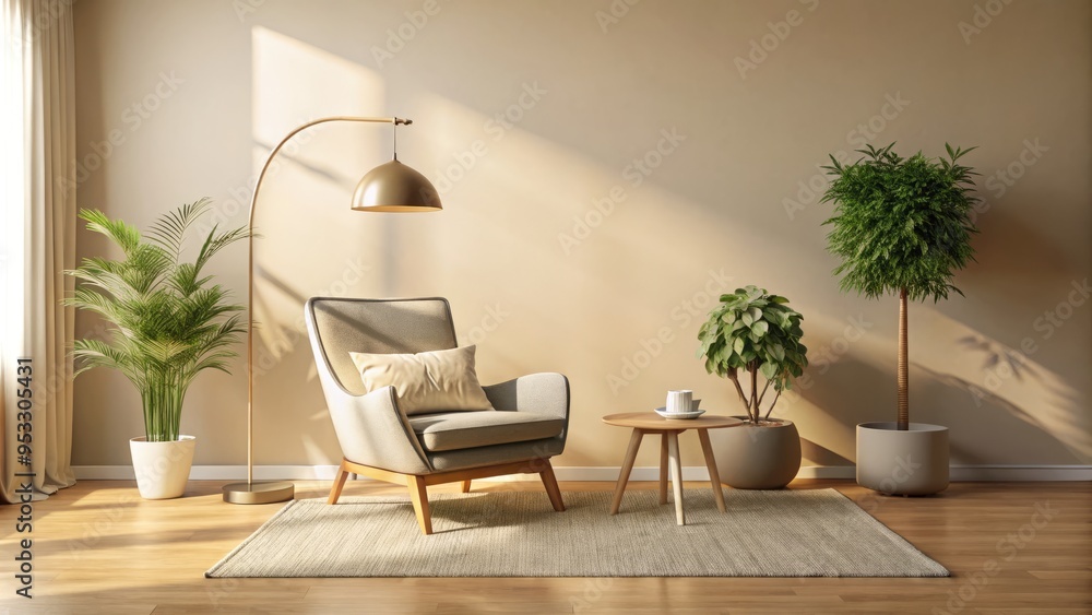 whimsical minimalist space floating armchair above gray rug near floor lamp against cream wall with greenery vase subtle shadows warm afternoon golden light whimsical minimalist space floating armchair above gray rug near floor lamp against cream wall with greenery vase subtle shadows warm afternoon golden light