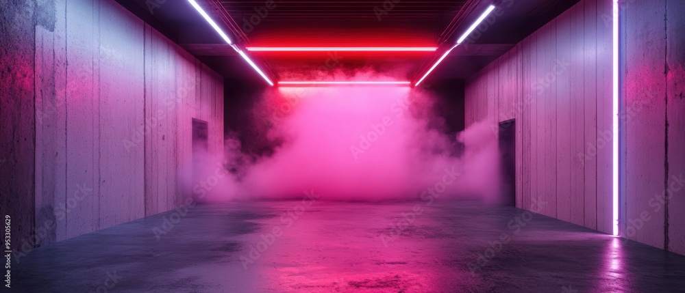 Neon lit industrial warehouse corridor with mist under vibrant purple and red lighting Neon lit industrial warehouse corridor with mist under vibrant purple and red lighting