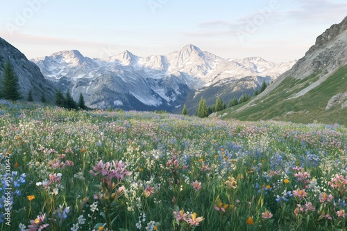 Colorful alpine wildflowers in full bloom spread across a meadow, with snow-capped mountains in the background.