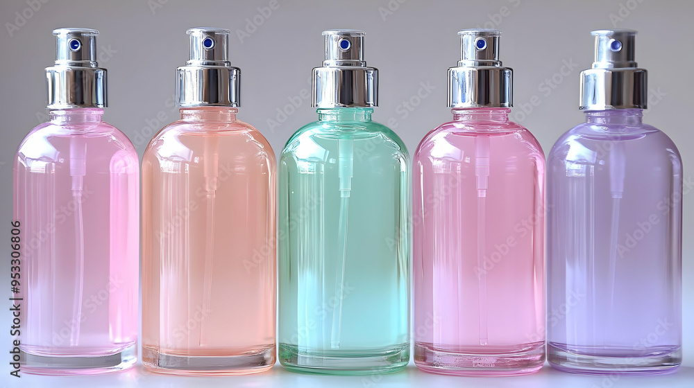 Five colorful glass bottles with silver spray tops filled with liquid. Five colorful glass bottles with silver spray tops filled with liquid.