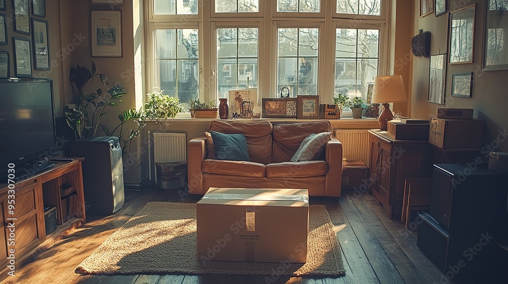 Cozy Living Room with Sunlit Windows and Moving Box Cozy Living Room with Sunlit Windows and Moving Box