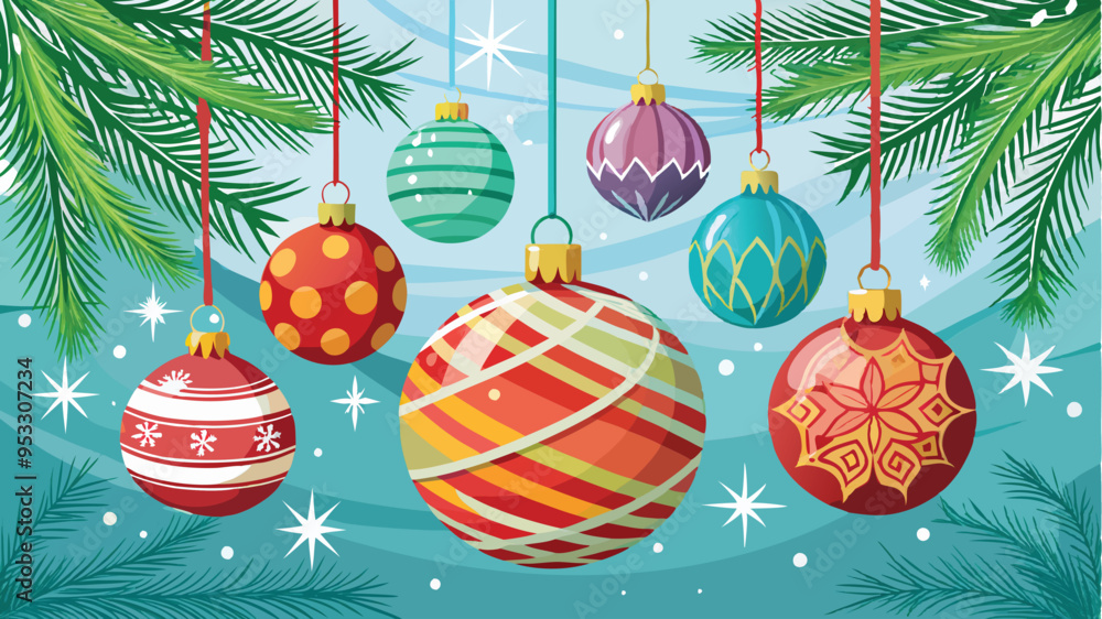 Merry Christmas card with hanging ball decoration Vector illustration white style background. Generative AI Merry Christmas card with hanging ball decoration Vector illustration white style background. Generative AI
