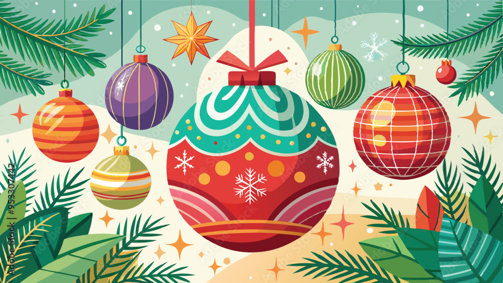 Merry Christmas card with hanging ball decoration Vector illustration white style background. Generative AI Merry Christmas card with hanging ball decoration Vector illustration white style background. Generative AI