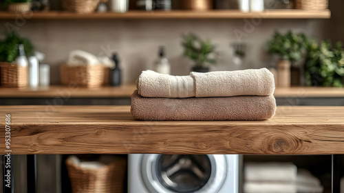 Folded towels on rustic woo...