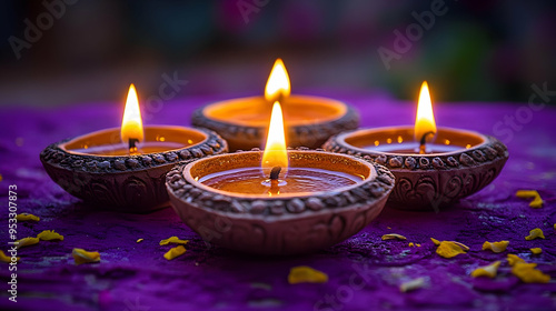 Four burning diyas on a pur...