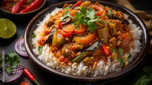 A dish of Indian cuisine. Eggplant bharta with rice.