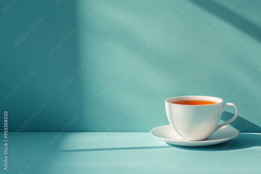 Hot tea cup on blue background with copy space for text. Minimal Hot tea cup on blue background with copy space for text. Minimal