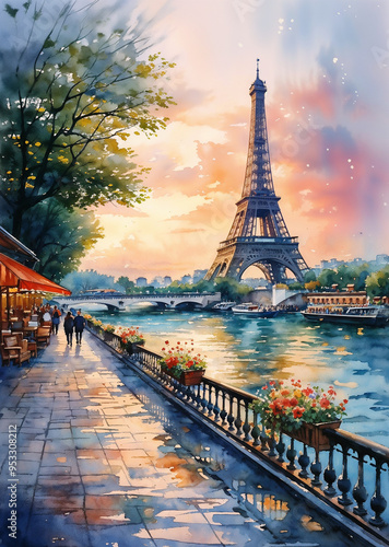 Paris, France. Eiffel Tower at sunset. Watercolor painting.