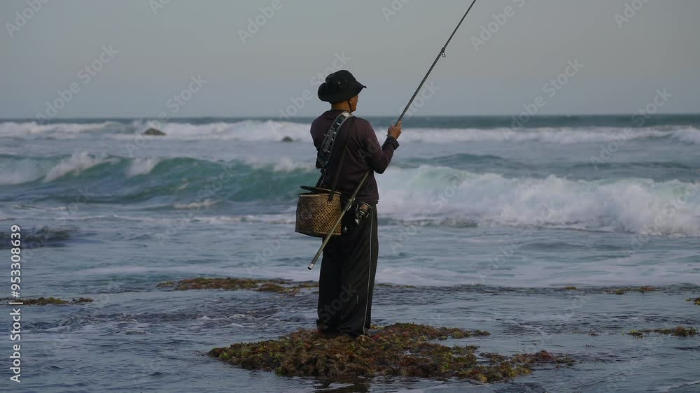 Fisherman with a fishing rod on the background of the ocean Fisherman with a fishing rod on the background of the ocean