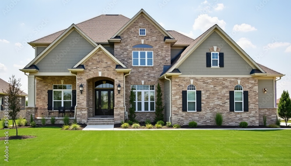 Elegant Two-Story House with Stone Cladding and Manicured Lawn - Perfect for Real Estate and Architectural Photography