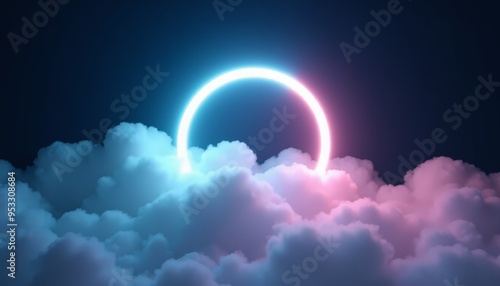 Neon Ring with Pink and Blue Gradient in Fluffy Clouds - Futuristic and Dreamlike Scene