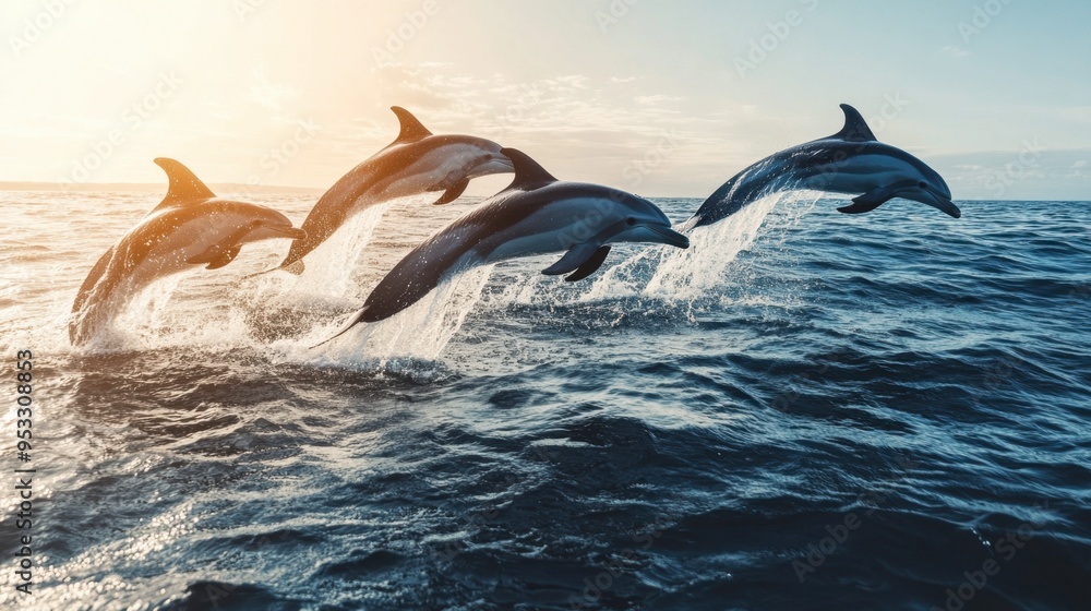 Fototapeta premium A group of dolphins leaping out of the ocean, captured mid-air with splashes of water around them, under a clear, sunny sky.