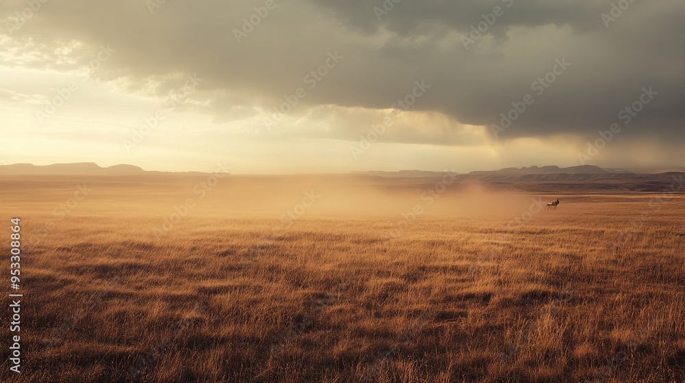 Extensive, golden-brown grasslands stretch towards distant, rugged hills under a dramatic sky. A solitary horse, partially obscured by a dust cloud, stands in the mid-ground, creating a stark, poignan Extensive, golden-brown grasslands stretch towards distant, rugged hills under a dramatic sky. A solitary horse, partially obscured by a dust cloud, stands in the mid-ground, creating a stark, poignan