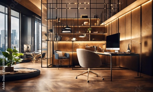 Creative, aethestic, visually stunning photos of ultra-moden office space. photo