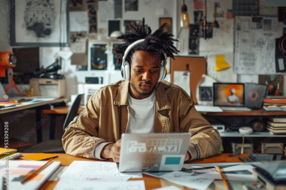 Creative wearing noise-cancelling headphones while working on a digital tablet, surrounded by sketches and design materials, a bastion of creativity amidst distractions Creative wearing noise-cancelling headphones while working on a digital tablet, surrounded by sketches and design materials, a bastion of creativity amidst distractions