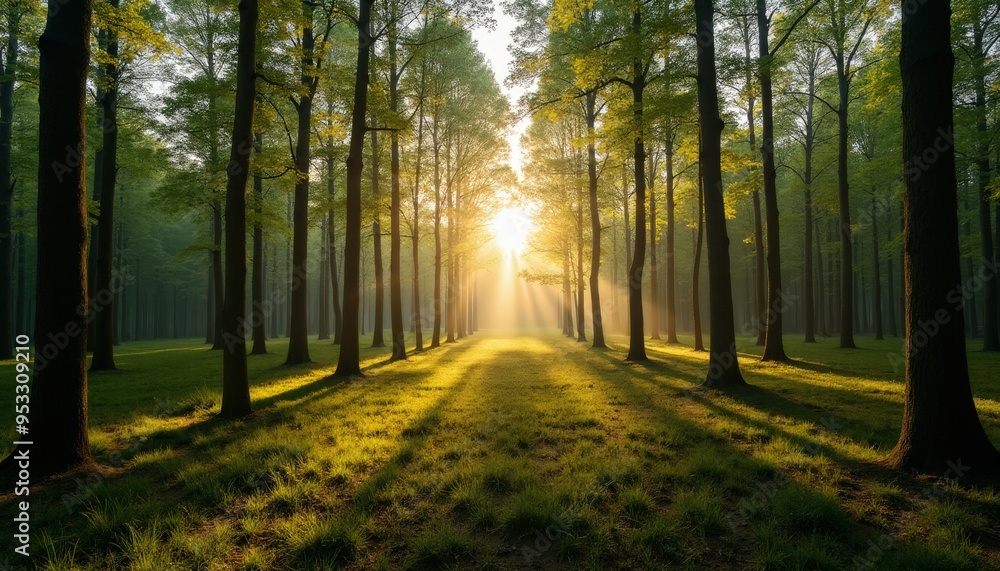 Sunlit Forest with Light Streaming Through Trees - Perfect for Nature and Landscape Photography Sunlit Forest with Light Streaming Through Trees - Perfect for Nature and Landscape Photography