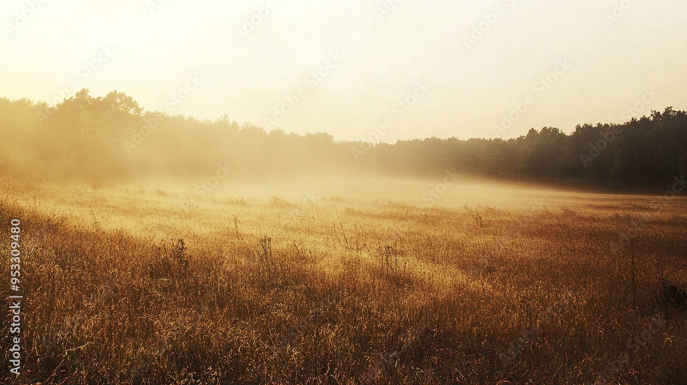 Stretching across the frame is a serene, golden-hued field with a layer of mist hovering over it. The tall grasses and wild plants softly sway under the influence of a light breeze, their tips illumin Stretching across the frame is a serene, golden-hued field with a layer of mist hovering over it. The tall grasses and wild plants softly sway under the influence of a light breeze, their tips illumin