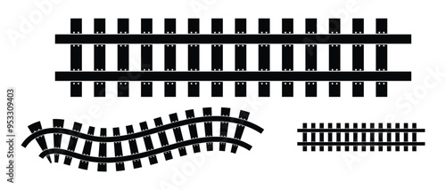 Rail line icon set. Railway train track of curved railroad isolated on white background. Straight and curved railway train track icon set. Vector illustration.Eps 10