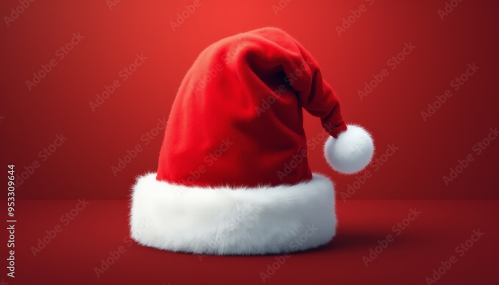 Festive Red Santa Hat with White Fur Trim on Suitable Background - Christmas Holiday Decoration Festive Red Santa Hat with White Fur Trim on Suitable Background - Christmas Holiday Decoration