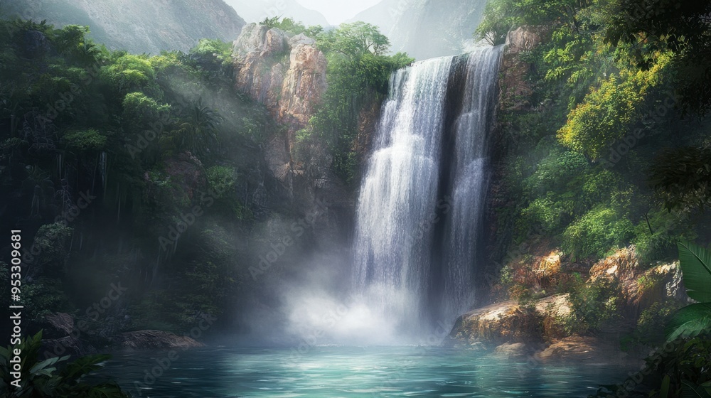 Naklejka premium A majestic waterfall cascading down a rocky cliff into a crystal-clear pool below, surrounded by lush green foliage and mist rising from the water.