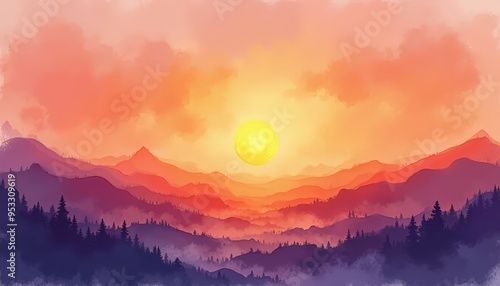 Colorful Sunrise Over Mountain Horizon - Vibrant Digital Art with Watercolor Sky