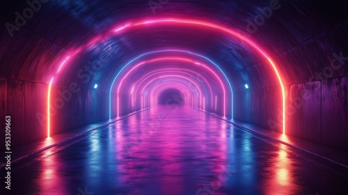 A futuristic tunnel illuminated by neon lights in blue and pink hues, creating a vivid, colorful ambience.