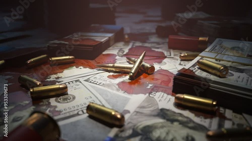 Few Bullets Lying On The Table Filled With Dollar Bills Stained With Blood Few Carabine Bullets Lying On The Mafia Table Covered With Countless Dollar Bills Blood Stains On The Money And Bloody Mist I