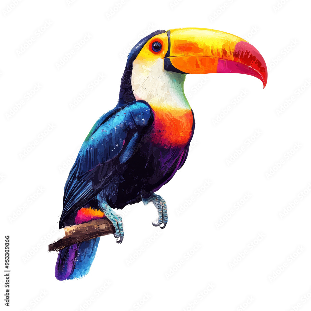 Obraz premium A stunning toucan rests on a branch, displayed in a colorful watercolor style with artistic splashes around it, beautiful toucan bird in water colors style on transparent background