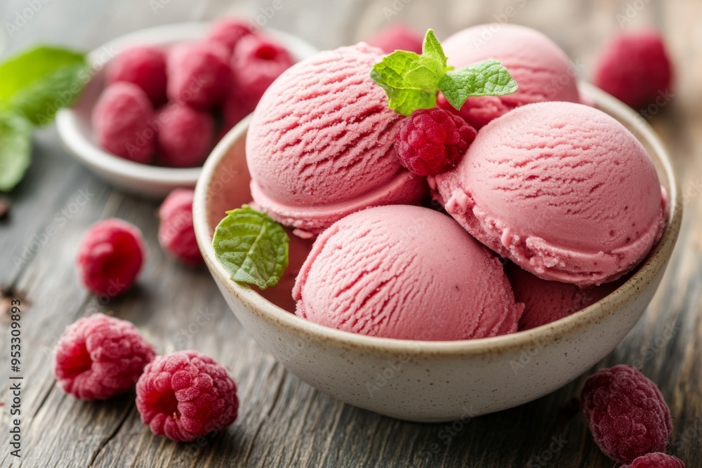 Delicious raspberry ice cream decorated with fresh mint leaves and raspberries Delicious raspberry ice cream decorated with fresh mint leaves and raspberries