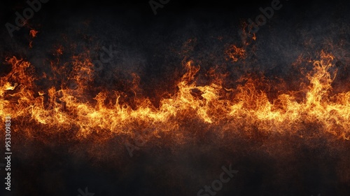 A wall of fire flames roaring against a dark background, creating a dramatic and powerful visual impact.