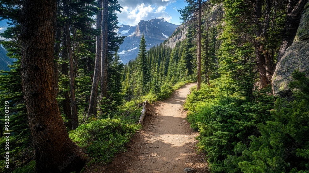 A narrow mountain path winding through a dense forest, with towering pines on either side and glimpses of a distant peak visible through the trees. A narrow mountain path winding through a dense forest, with towering pines on either side and glimpses of a distant peak visible through the trees.