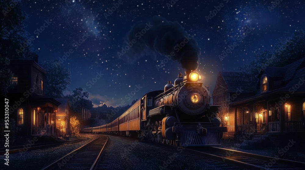 A night scene of a train passing through a quiet town, with the lights of the train glowing in the darkness and the stars visible in the sky above. A night scene of a train passing through a quiet town, with the lights of the train glowing in the darkness and the stars visible in the sky above.