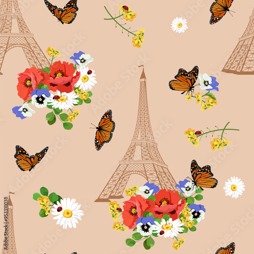 Seamless vector illustration with pansies, poppies, Eiffel tower and butterflies on a beige background. For decorating textiles, packaging, web design.