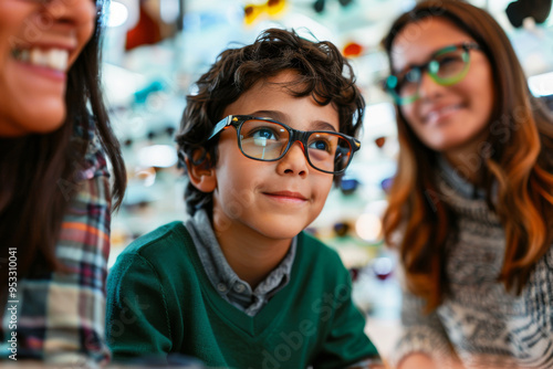 Boy sitting excitedly at an eyeglasses shop, trying on a pair of frames, with his mom and and the optician watching and smiling encouragingly photo