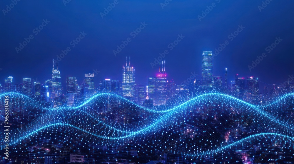 Cityscape with Abstract Blue Waves at Night Cityscape with Abstract Blue Waves at Night
