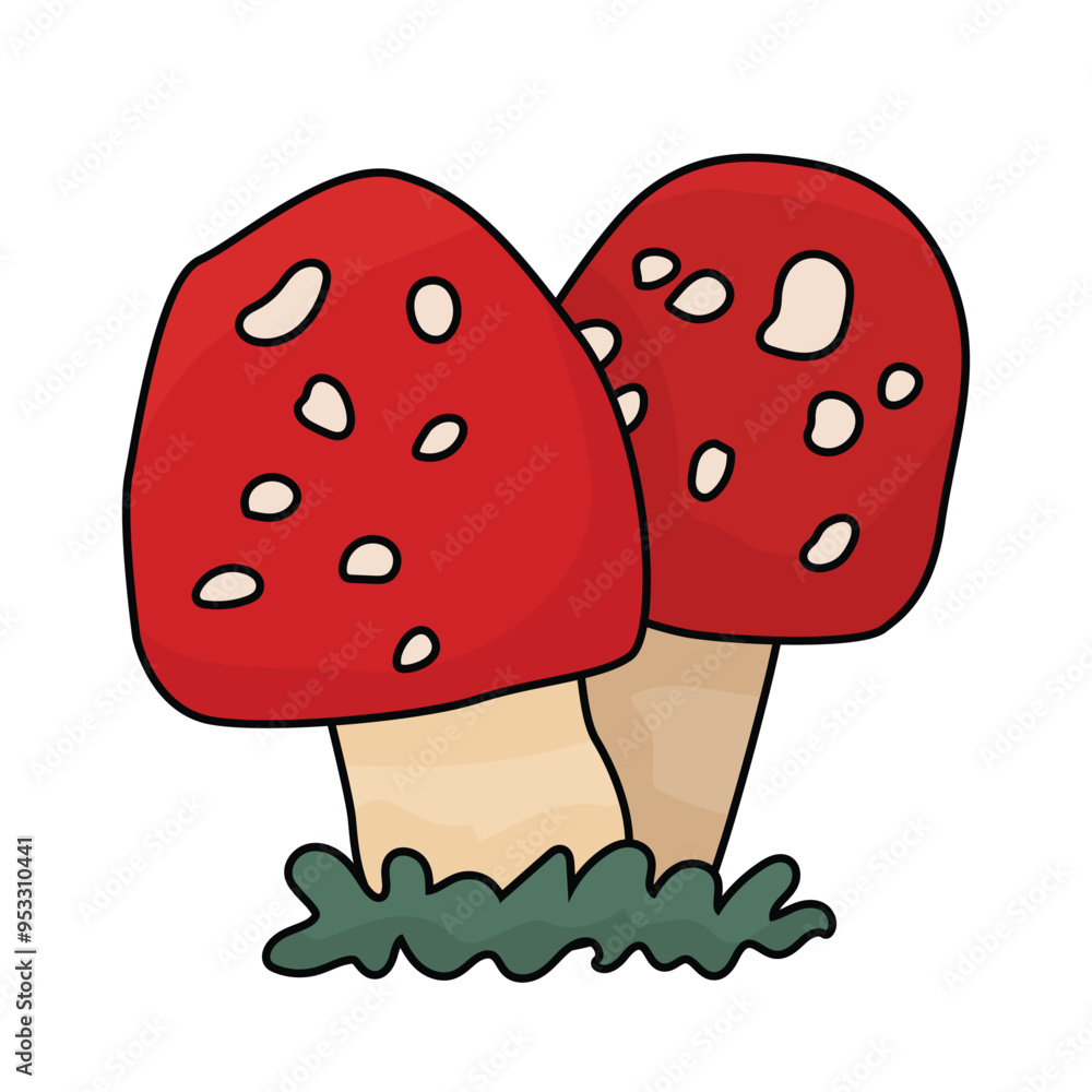 Red amanita toadstool mushrooms pair. Vector isolated doodle hand drawn fly agaric illustration on a white background Red amanita toadstool mushrooms pair. Vector isolated doodle hand drawn fly agaric illustration on a white background