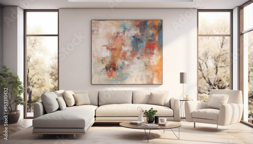 Modern Living Room Interior Design with White Sofa and Abstract Painting