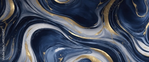 Panel kuchenny z motywem Beautiful Gray and Navy Blue colors Flowing Elegant Acrylic Pour Wallpaper. Paint texture with Gold Glitter