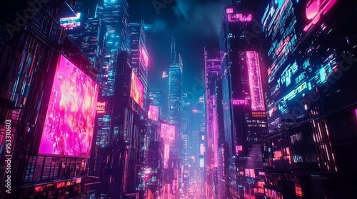 Vivid futuristic city with neon-lit skyscrapers and glowing billboards under a nighttime sky, showcasing a cyberpunk aesthetic.