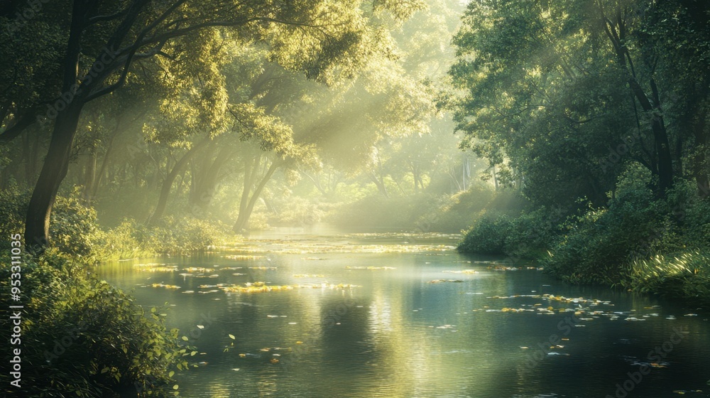 Fototapeta premium A serene river winding through a dense forest, with sunlight filtering through the trees and sparkling on the water's surface, creating a peaceful, idyllic scene.
