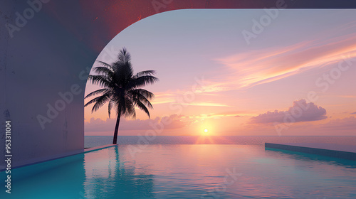 Wallpaper Mural 
Minimalist composition of an arched window with a view to the sea and palm tree, sunset, blue tones, swimming pool, light grey background Torontodigital.ca