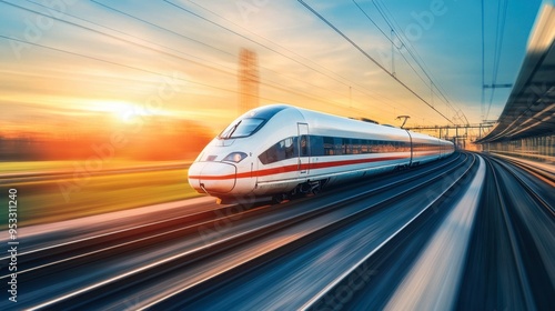 A sleek, modern high-speed train zooming through a picturesque countryside at sunset, with blurred motion capturing the speed and energy of the train.