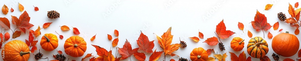 A vibrant Halloween-themed image featuring autumn leaves, pumpkins, and gourds on a white background, perfect for seasonal decorations or event promotions, with copy space. A vibrant Halloween-themed image featuring autumn leaves, pumpkins, and gourds on a white background, perfect for seasonal decorations or event promotions, with copy space.