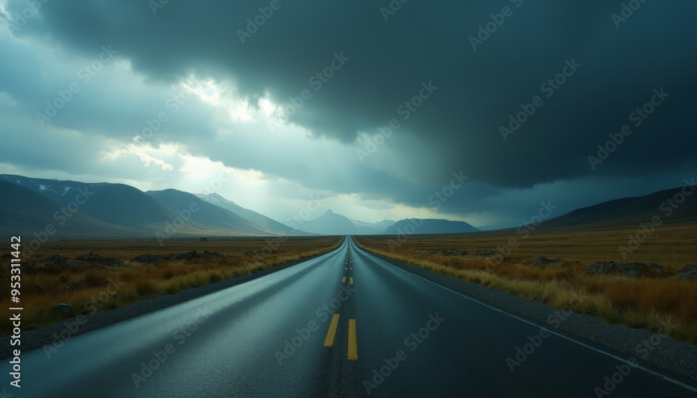 Naklejka premium Dramatic Stormy Road: Dark Clouds and Rain Over a Lonely Highway