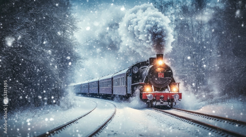 A steam train on a snowy winter's day, with the steam mingling with the snowflakes, creating a nostalgic and magical atmosphere. A steam train on a snowy winter's day, with the steam mingling with the snowflakes, creating a nostalgic and magical atmosphere.
